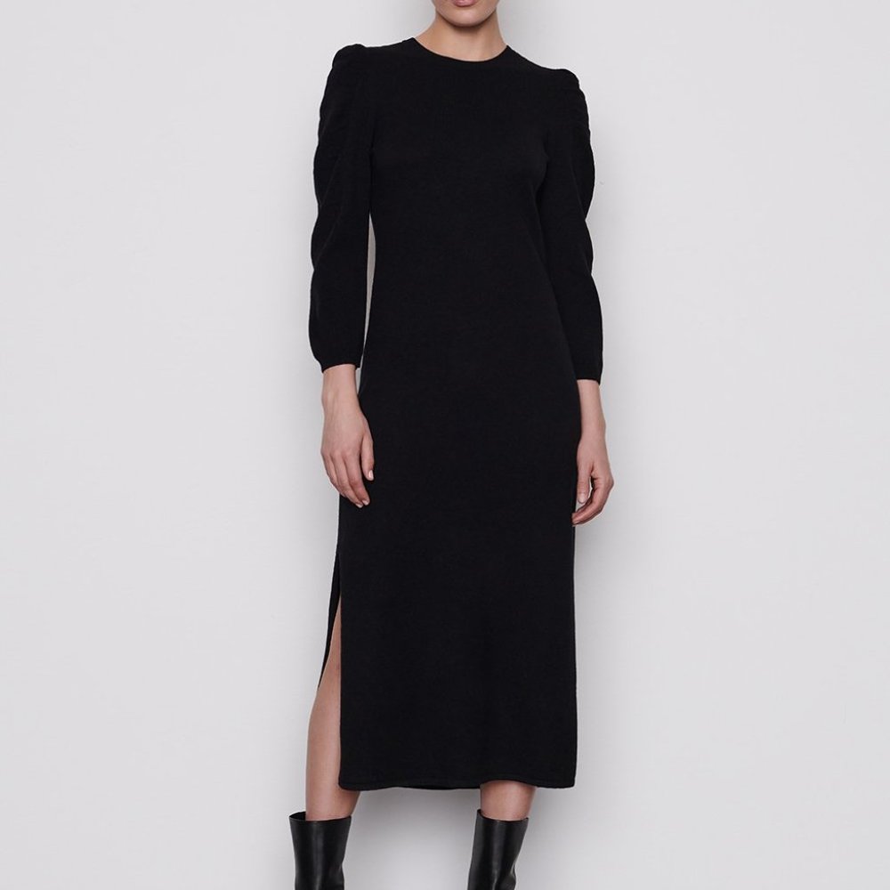 FRAME Shirred Sleeve Sweater Dress Noir 100% Cashmere